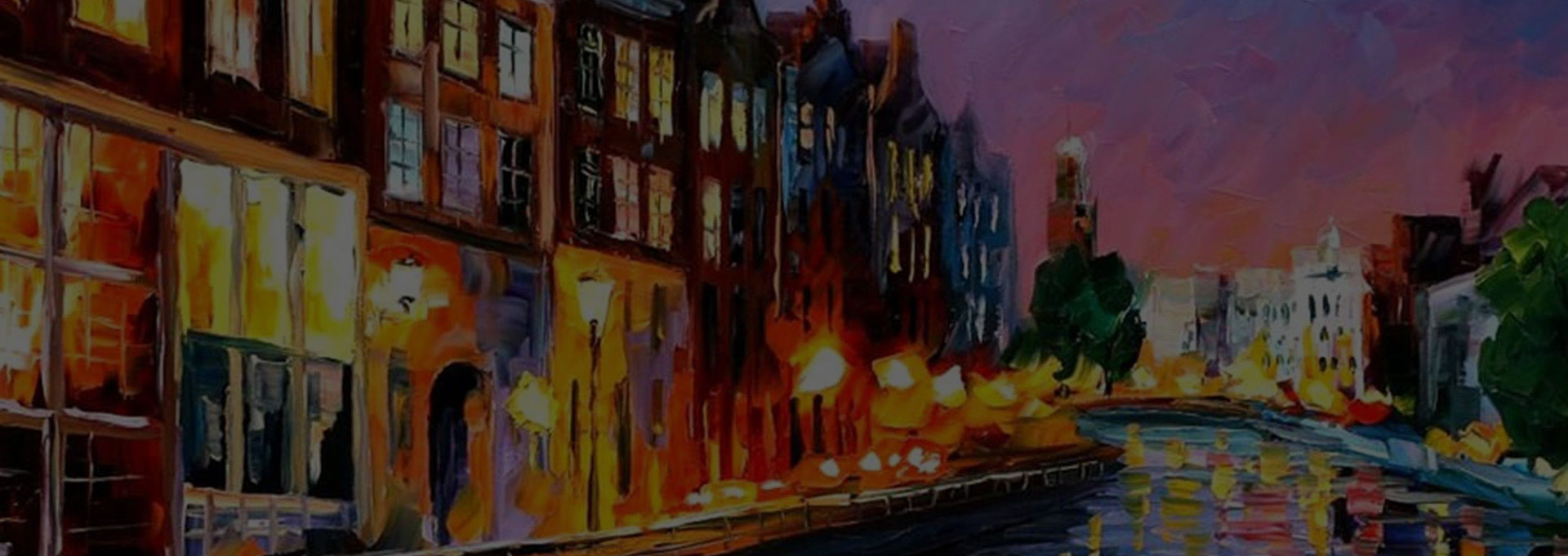 A painting of buildings and street lights in the night.